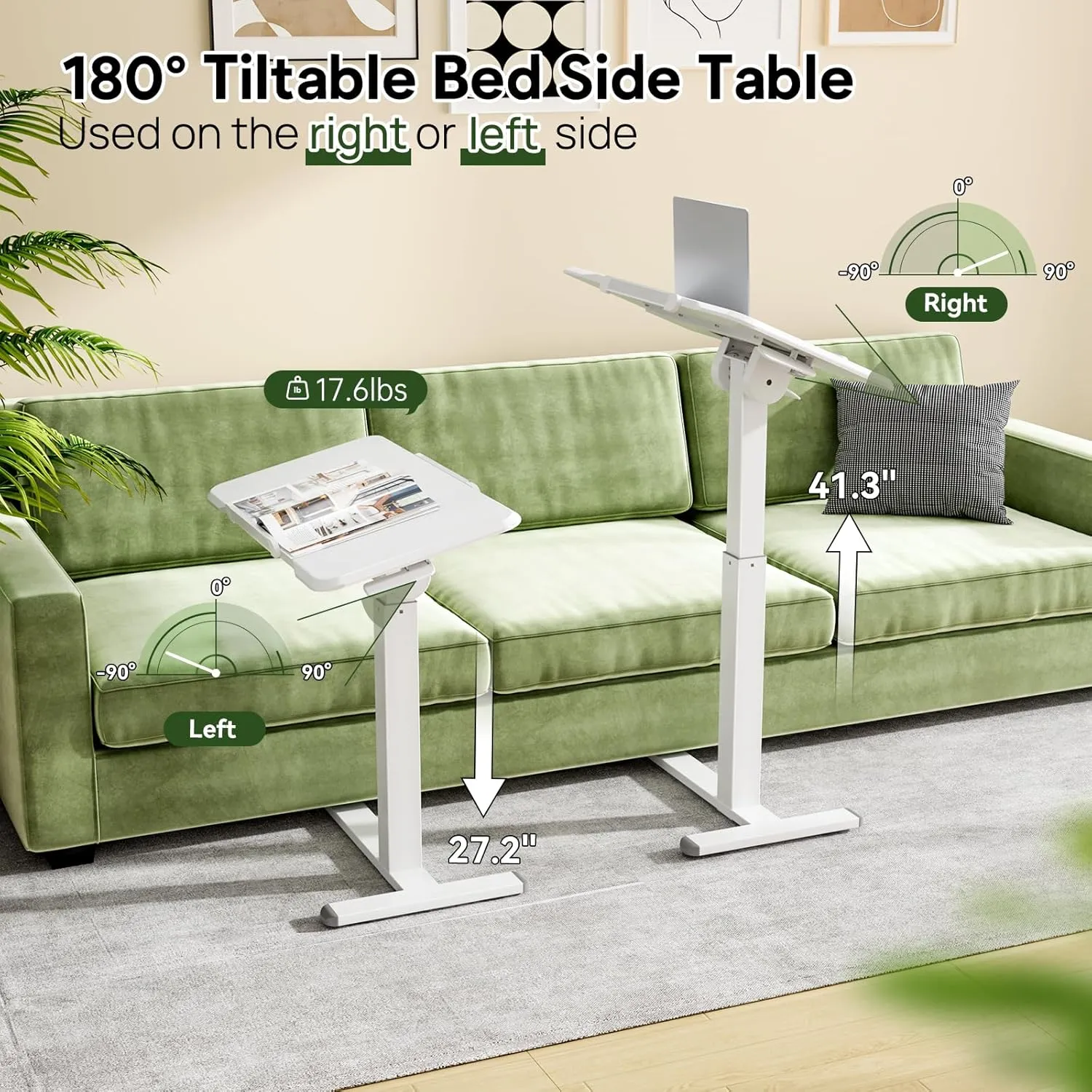 Rolling Laptop Desk, 180° Tiltable Mobile Standing Desk Height Adjustable, Overbed Bedside Table, Portable Computer Desk with Wheels, Foldable Laptop Cart for Home Office, White