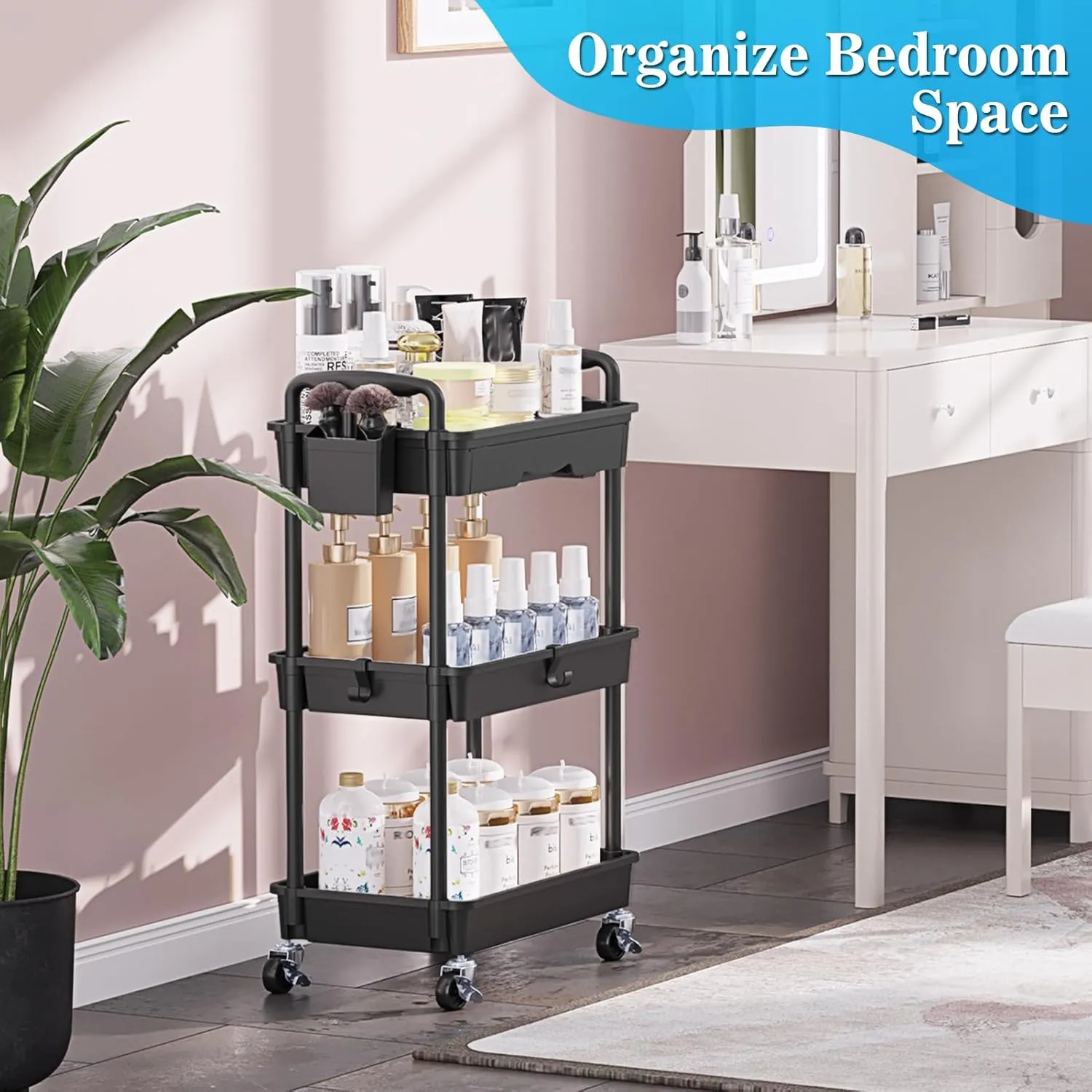 Rolling Utility Cart with Drawer 3 Tier, Utility Storage Organizer with Plastic Shelf & Lockable Wheels Multifunctional Storage Cart for Kitchen, Bathroom, Office, Living Room, Black