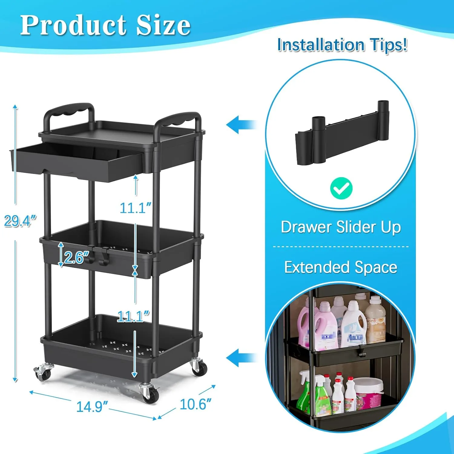 Rolling Utility Cart with Drawer 3 Tier, Utility Storage Organizer with Plastic Shelf & Lockable Wheels Multifunctional Storage Cart for Kitchen, Bathroom, Office, Living Room, Black