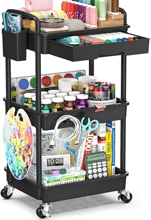 Rolling Utility Cart with Drawer 3 Tier, Utility Storage Organizer with Plastic Shelf & Lockable Wheels Multifunctional Storage Cart for Kitchen, Bathroom, Office, Living Room, Black