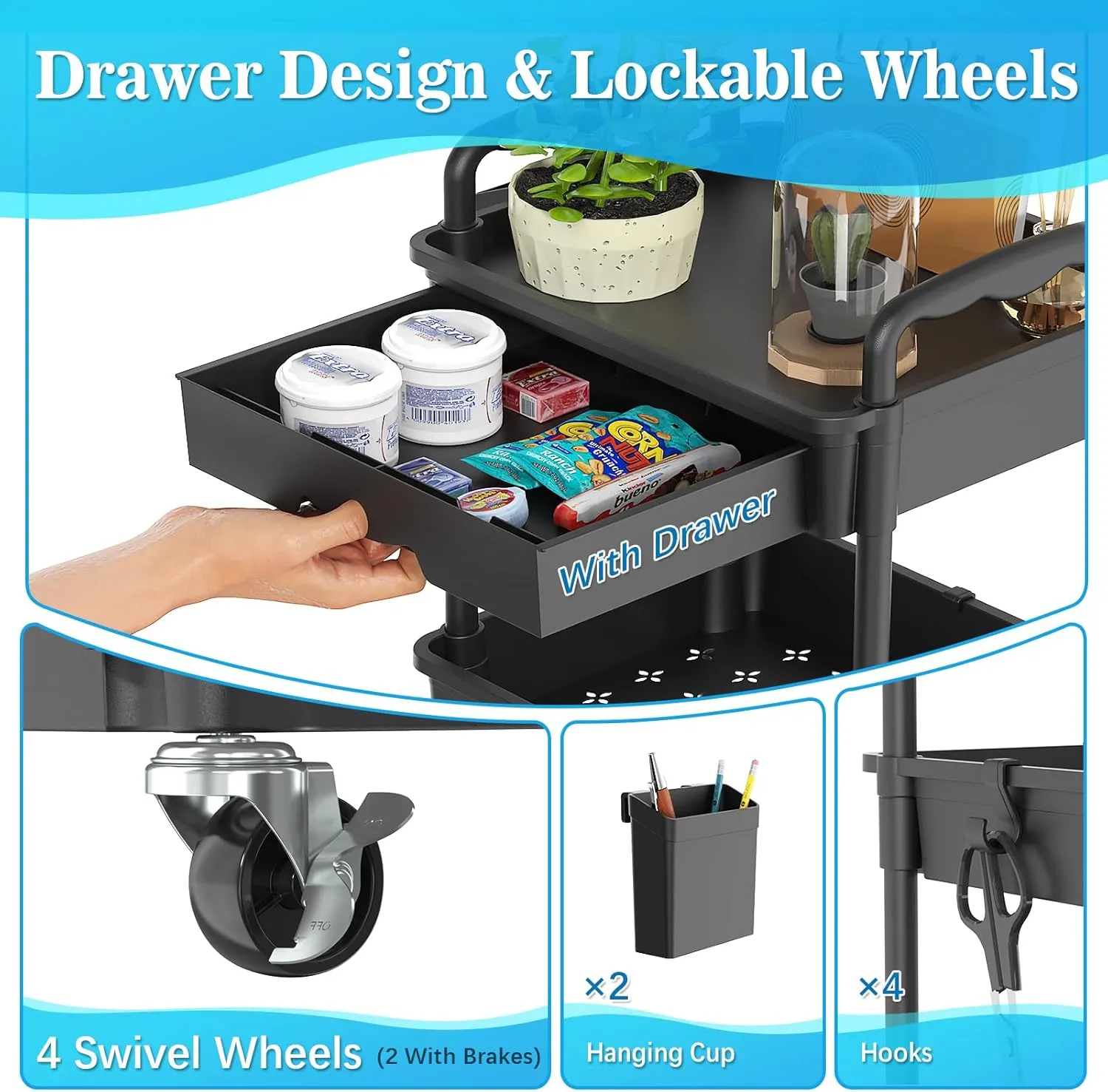 Rolling Utility Cart with Drawer 3 Tier, Utility Storage Organizer with Plastic Shelf & Lockable Wheels Multifunctional Storage Cart for Kitchen, Bathroom, Office, Living Room, Black