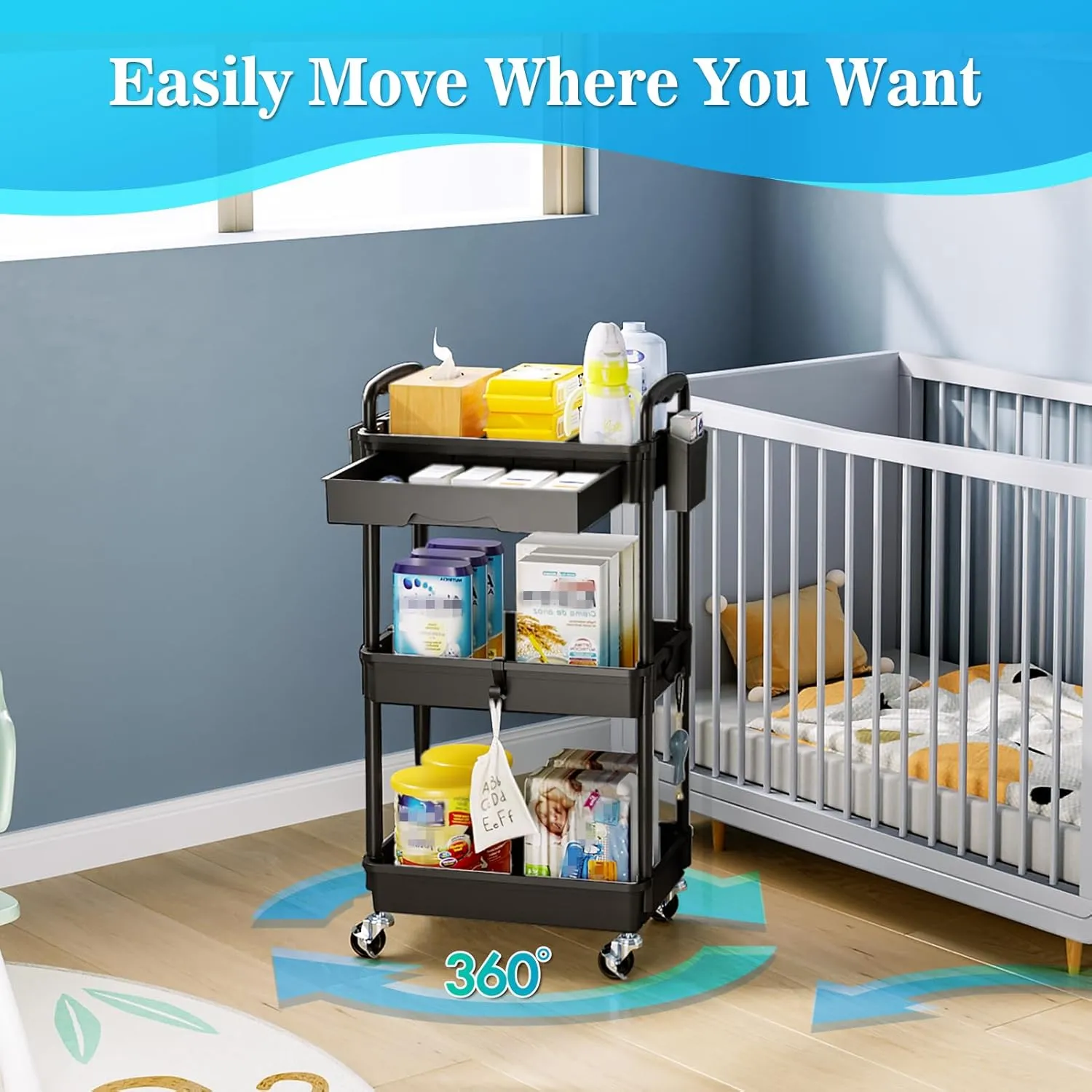 Rolling Utility Cart with Drawer 3 Tier, Utility Storage Organizer with Plastic Shelf & Lockable Wheels Multifunctional Storage Cart for Kitchen, Bathroom, Office, Living Room, Black