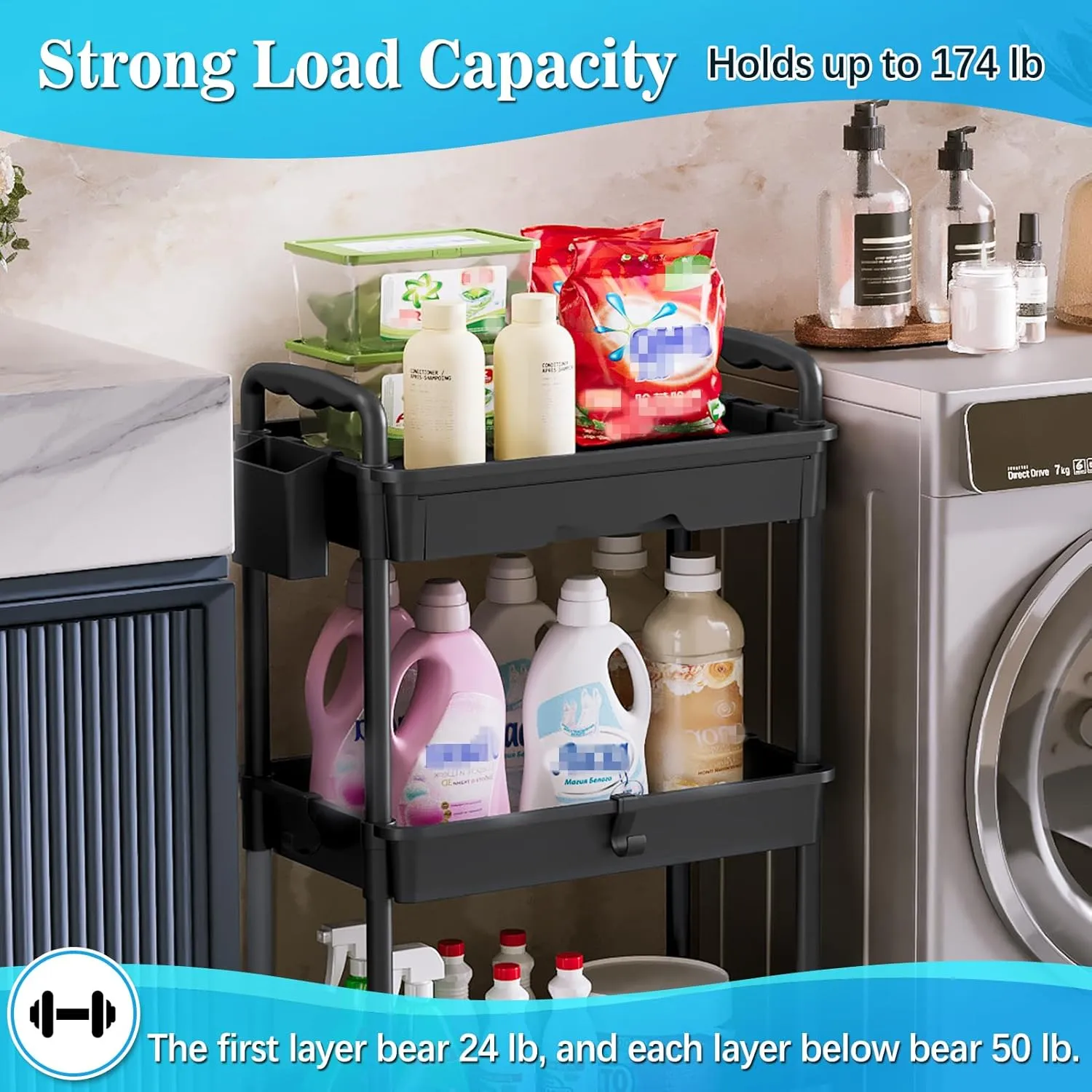 Rolling Utility Cart with Drawer 3 Tier, Utility Storage Organizer with Plastic Shelf & Lockable Wheels Multifunctional Storage Cart for Kitchen, Bathroom, Office, Living Room, Black