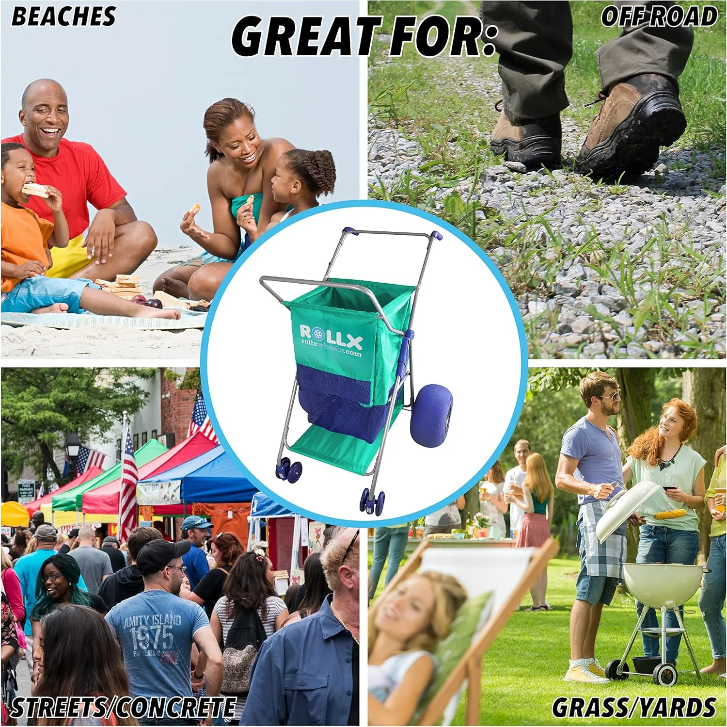 RollX Beach Cart with Big Balloon Wheels for Sand, Foldable Storage Wagon with 13 Inch Beach Tires (Pump Included) (Seafoam)