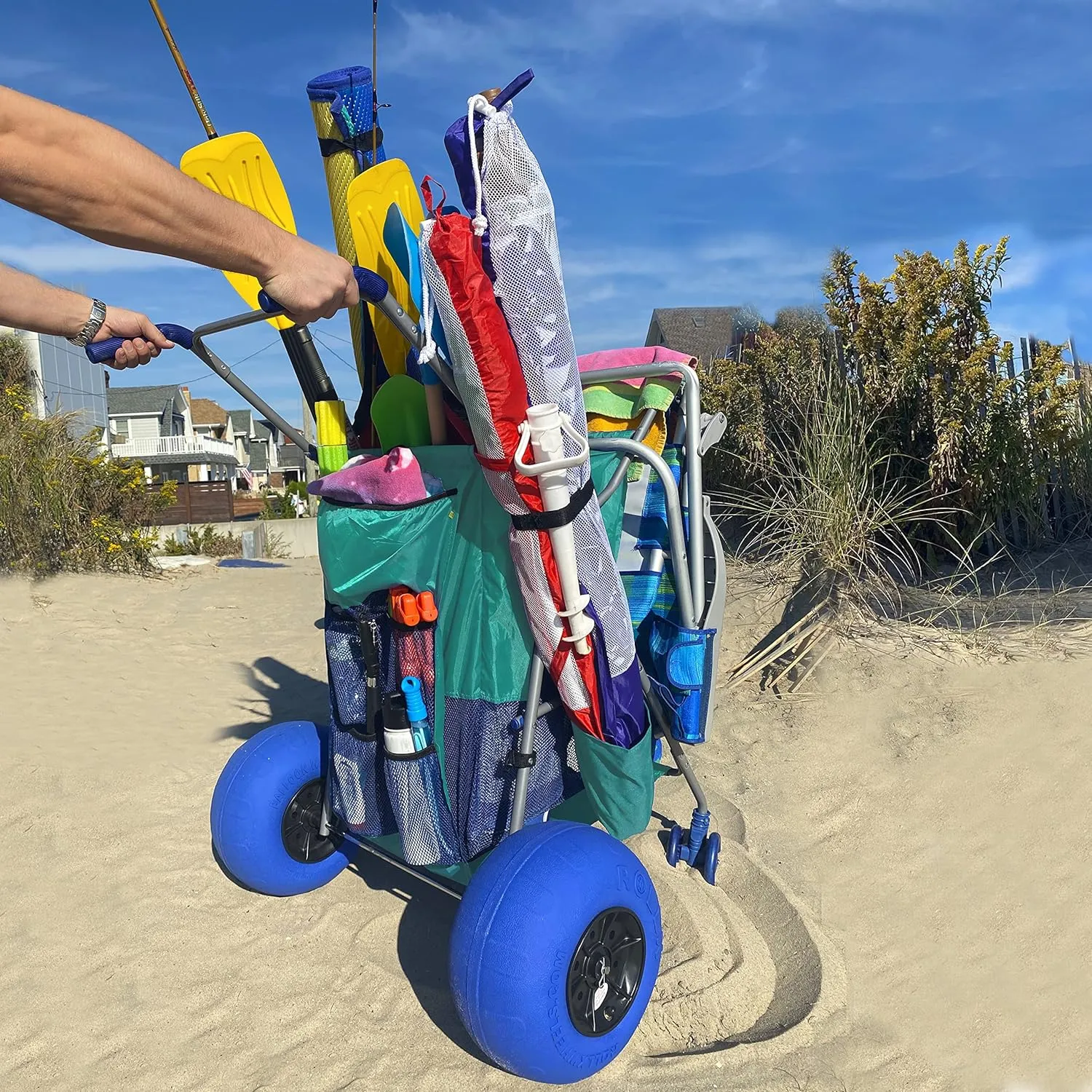 RollX Beach Cart with Big Balloon Wheels for Sand, Foldable Storage Wagon with 13 Inch Beach Tires (Pump Included) (Seafoam)