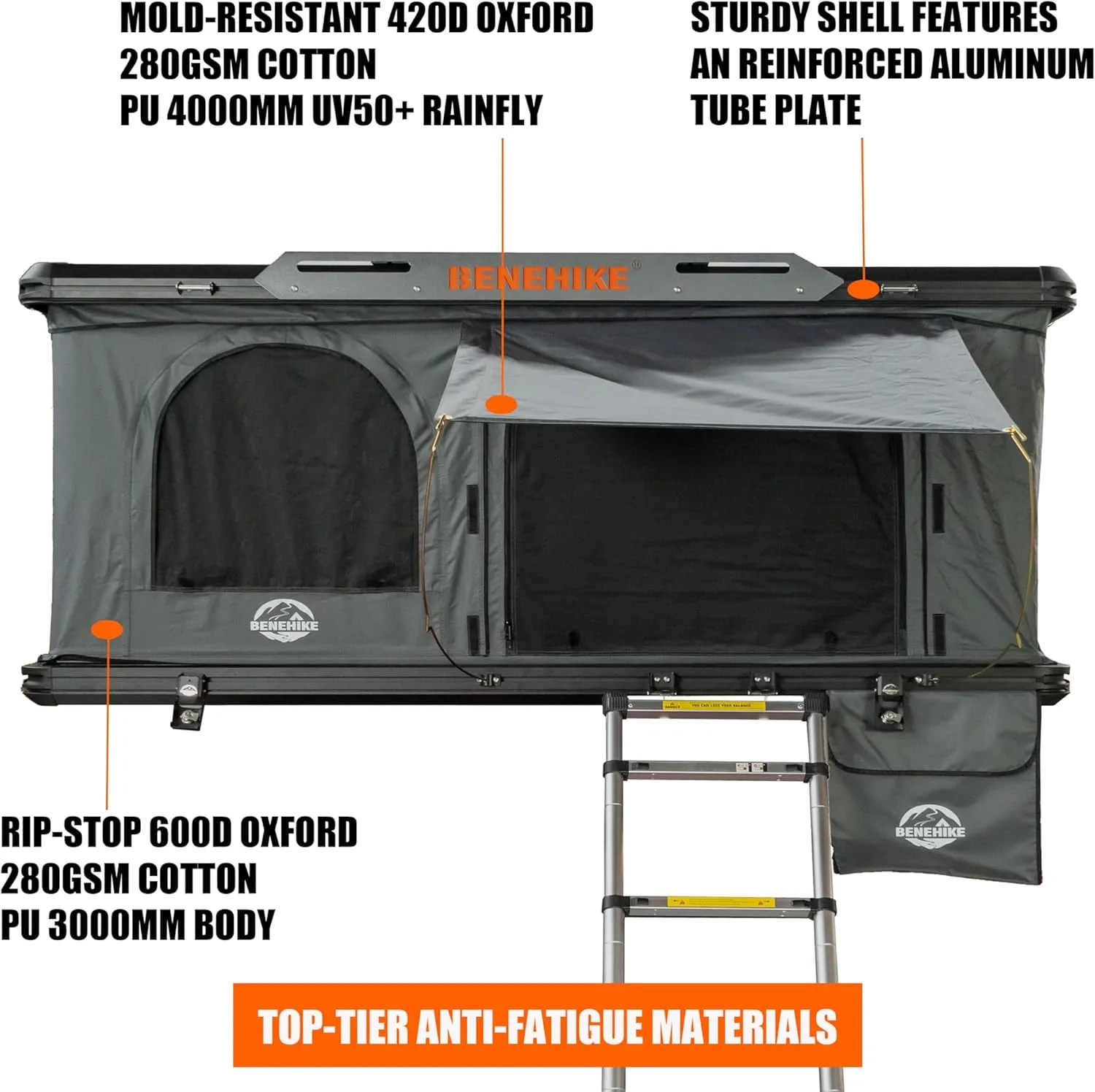 Rooftop Tent Hard Shell, BENEHIKE Alumabode V2 Aluminum Hard Shell Pop-up Rooftop Tent for Van Jeep SUV Truck Car Tents for Camping (3~4 Person)