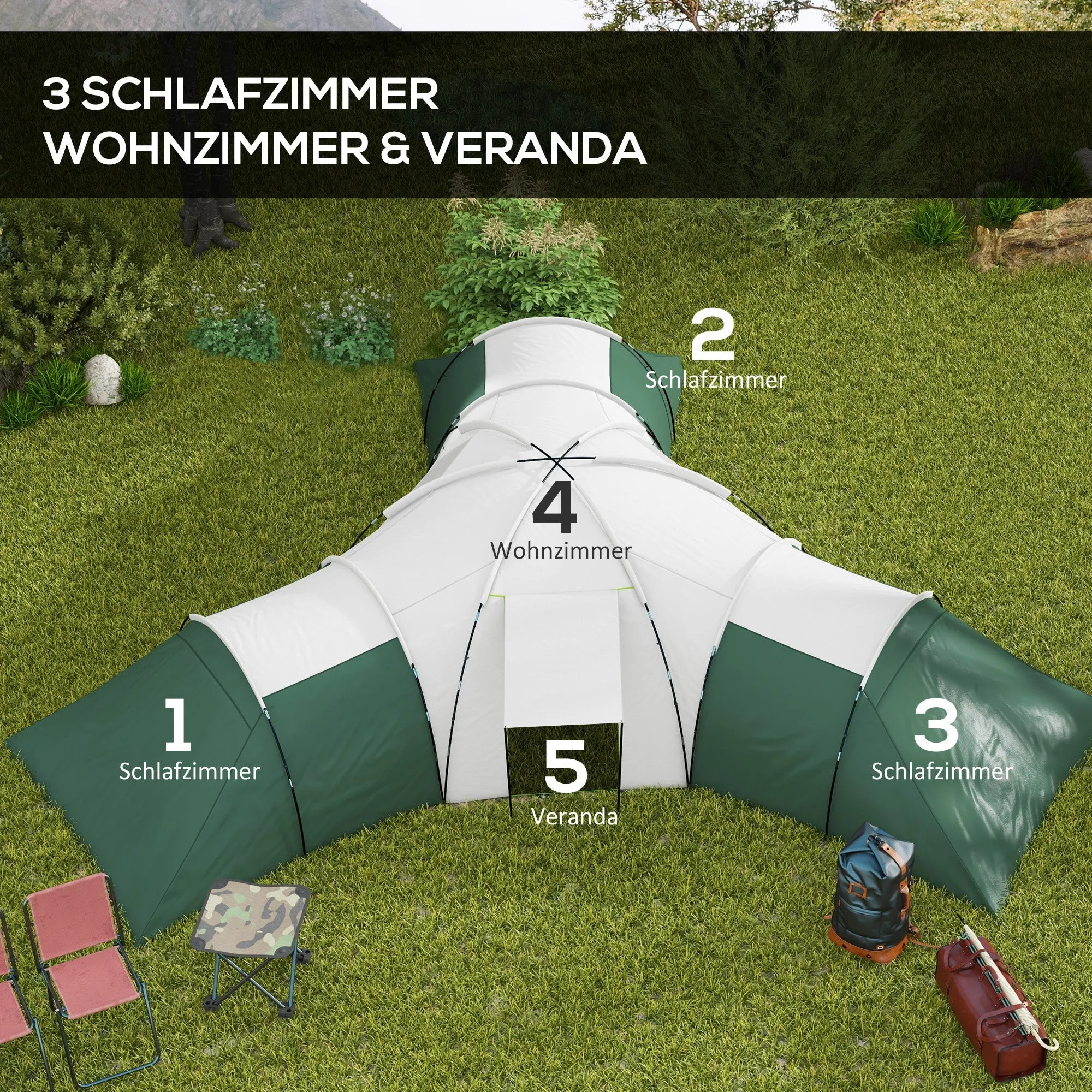 Rootz Camping Tent for 6-9 People - 4 Room Tents - Waterproof Tents - Ultimate Comfort - 615x615x225cm