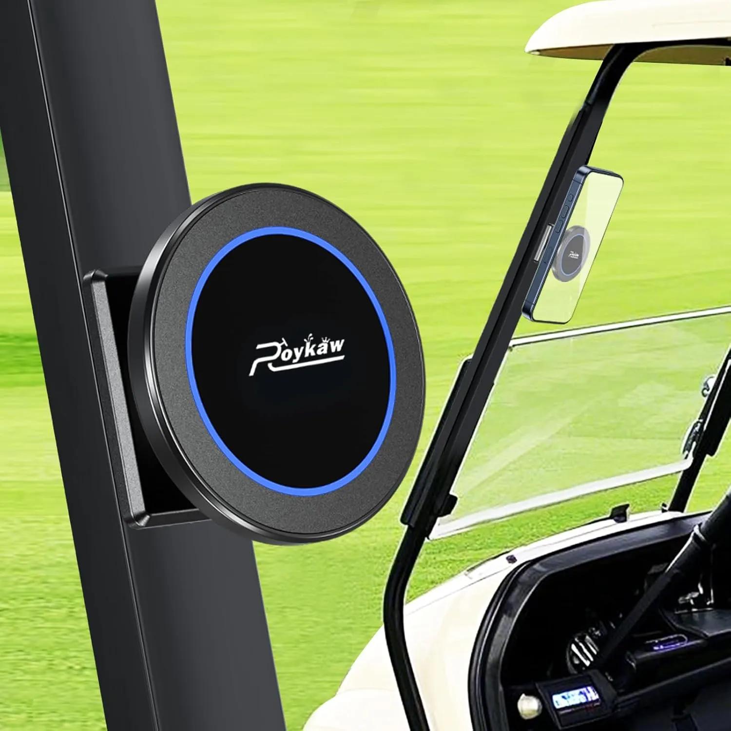 Roykaw Magnetic Golf Cart Phone Holder Compatible with MagSafe iPhone Holder 12/13/14/15/16, Portable Phone Mount for Gym, Compatible with EZGO/Club Car/Yamaha & All Metal-Body