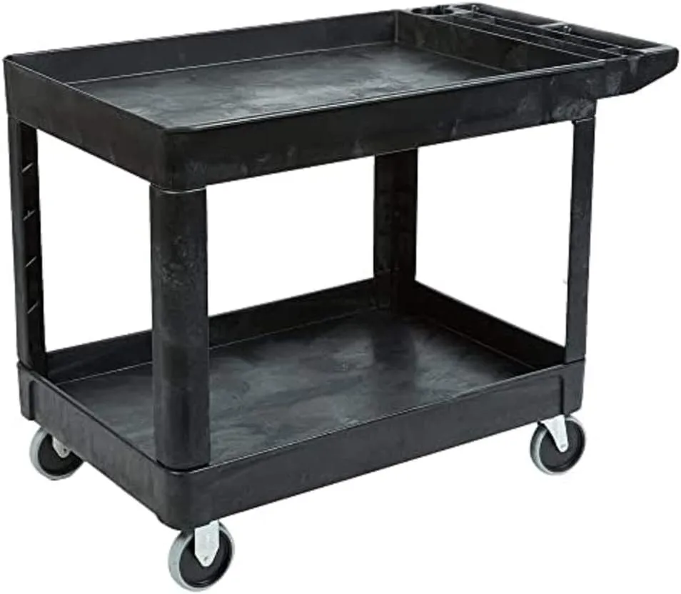 Rubbermaid Commercial Products 2-Shelf Utility/Service Cart, Medium, Black, Lipped Shelves, Ergonomic Handle, 500 lbs. Capacity, for Warehouse/Garage/Cleaning/Manufacturing