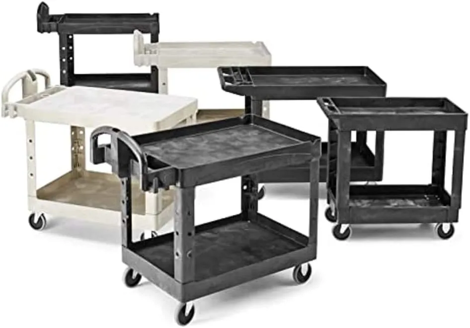Rubbermaid Commercial Products 2-Shelf Utility/Service Cart, Medium, Black, Lipped Shelves, Ergonomic Handle, 500 lbs. Capacity, for Warehouse/Garage/Cleaning/Manufacturing