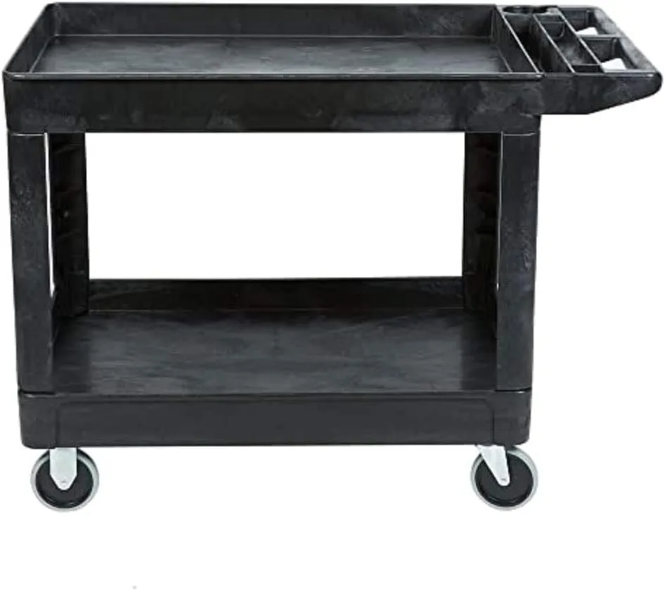 Rubbermaid Commercial Products 2-Shelf Utility/Service Cart, Medium, Black, Lipped Shelves, Ergonomic Handle, 500 lbs. Capacity, for Warehouse/Garage/Cleaning/Manufacturing