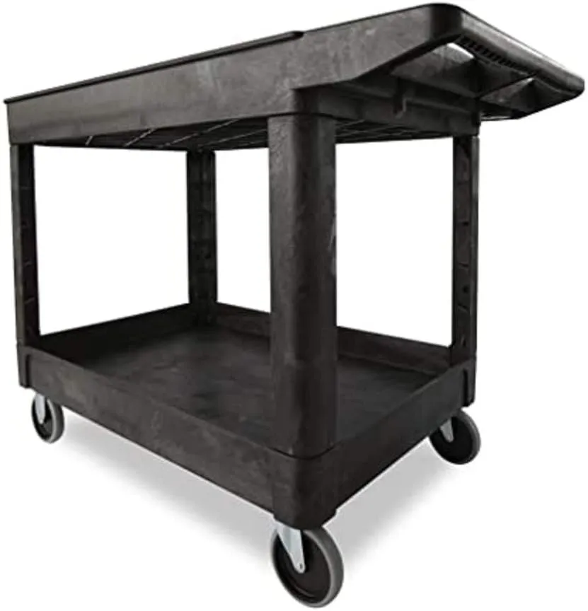 Rubbermaid Commercial Products 2-Shelf Utility/Service Cart, Medium, Black, Lipped Shelves, Ergonomic Handle, 500 lbs. Capacity, for Warehouse/Garage/Cleaning/Manufacturing