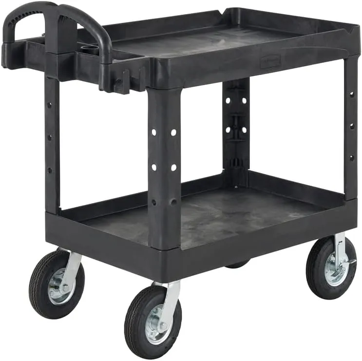 Rubbermaid Commercial Products 2-Shelf Utility/Service Cart Medium Lipped Shelves Ergonomic Handle Pneumatic Casters 500 lbs. Capacity for Warehouse/Garage/Cleaning/Manufacturing (FG452010BLA)