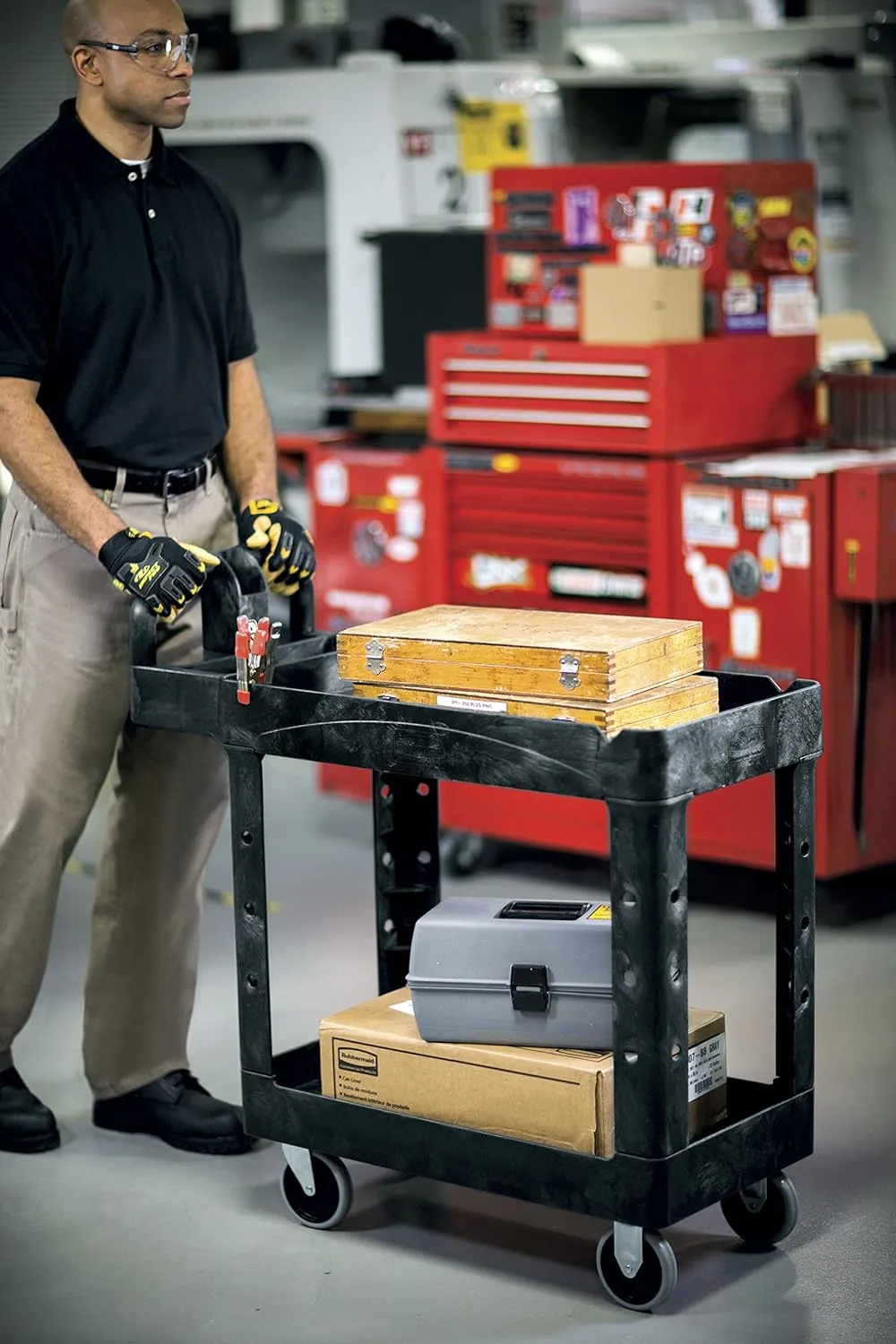Rubbermaid Commercial Products 2-Shelf Utility/Service Cart Small Lipped Shelves Ergonomic Handle 500 lbs. Capacity for Warehouse/Garage/Cleaning/Manufacturing