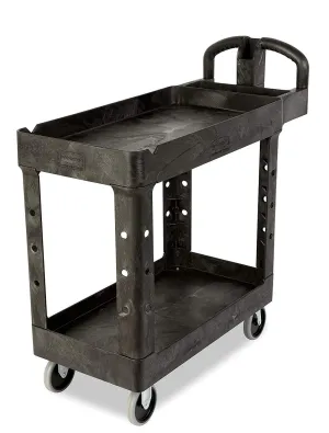 Rubbermaid Commercial Products 2-Shelf Utility/Service Cart Small Lipped Shelves Ergonomic Handle 500 lbs. Capacity for Warehouse/Garage/Cleaning/Manufacturing