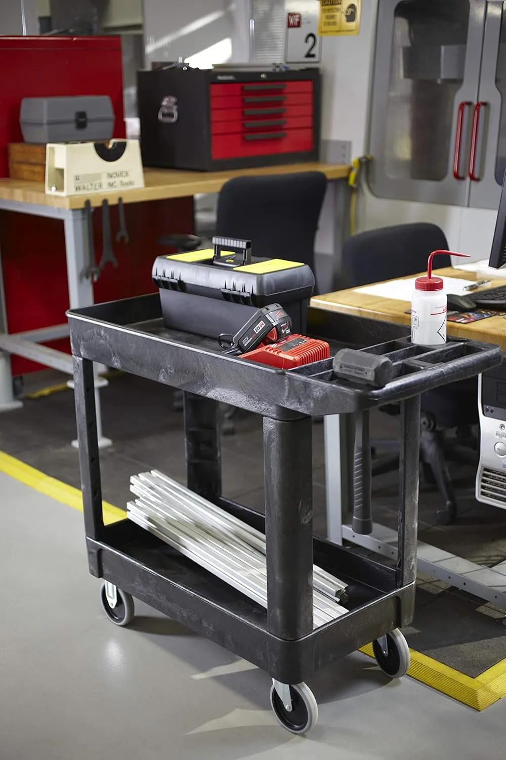 Rubbermaid Commercial Products 2-Shelf Utility/Service Cart, Small, Lipped Shelves, Storage Handle, 500 lbs. Capacity, for Warehouse/Garage/Cleaning/Manufacturing