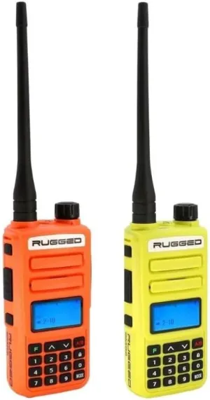 Rugged GMRS Two Way Handheld Radio Walkie Talkie 2 Pack ORN/HV for Hiking Camping Overlanding Off Road – Features Long Range Weather Channels and Rechargeable Battery