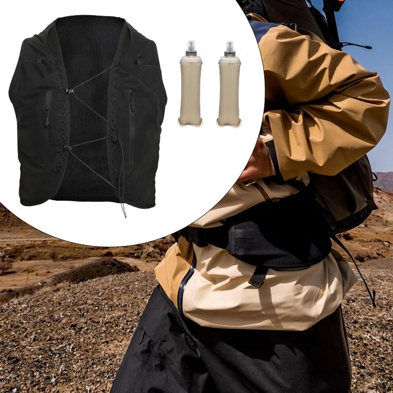 Running Hydration Vest Water Pack 2Pcs 250ml Water Bottles Marathoner Multi Pockets Hydration Pack for Trail Hiking Camping