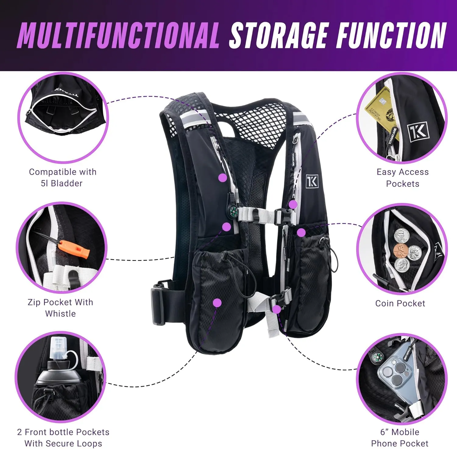 Running Vest Elite Backpack – 5L Hydration Vest with Pockets, Lightweight Water Bottle, Phone Holder, Adjustable Reflective Marathon Trail Running Gear for Men and Women