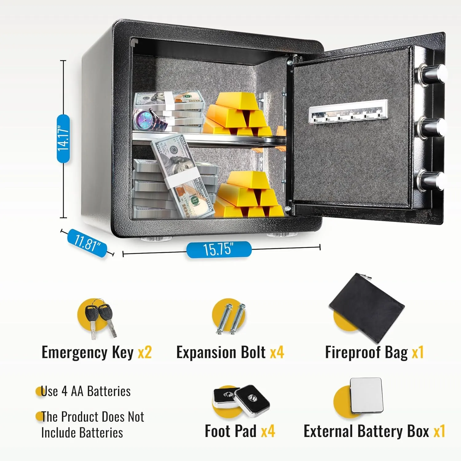 Safe Box, Cajas Fuertes Home Safe with Fireproof Waterproof Bag, Keypad, Security Safes for Documents, Jewelry, Money, Firearms & Medicine, Cabinet Safes with Key & Pass Code - 1.5 Cu Ft