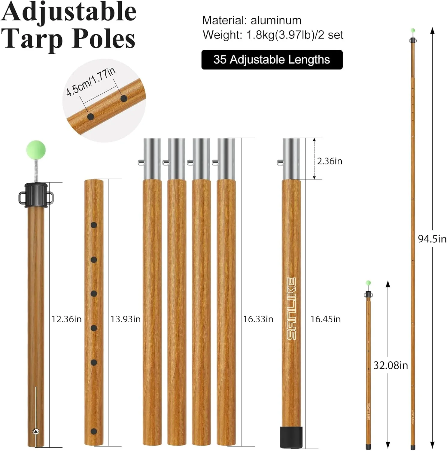 SAN LIKE Tarp Pole Camping Tent Poles Aluminum Telescopic Poles for Canopy Awning Shelter Backpacking Hiking 4/6 Section Easy Assembly Lightweight Adjustable from 50/29 in to 113.39/82.68 in (2 Set)