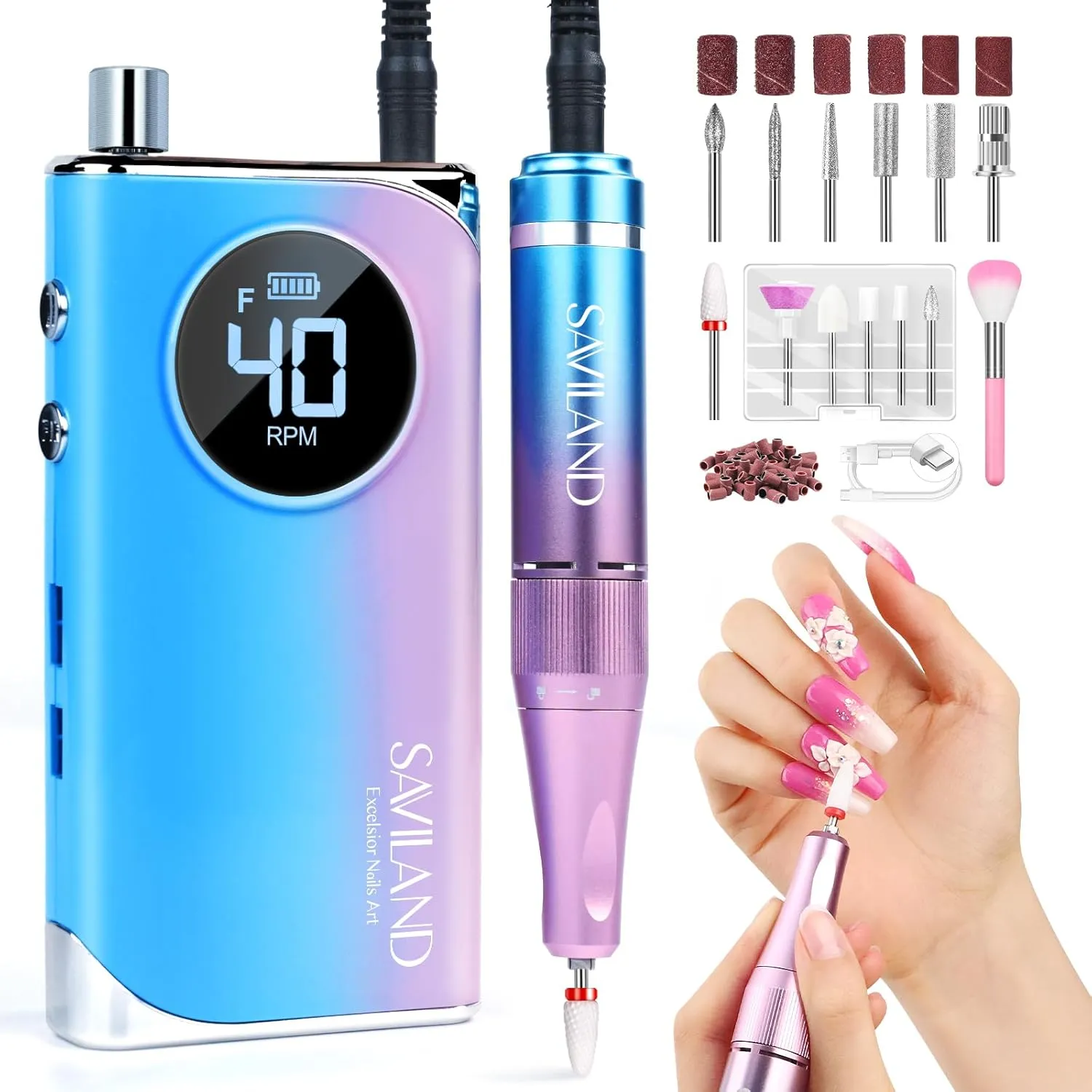 SAVILAND 40000RPM Electric Nail Drill Professional: Electric Nail File Portable Nail Drill with Acrylic Nail Kit 12 Drill Bit Nail Supplies Efile for 10s Fast Drill Para Uñas Profesional Remove Salon