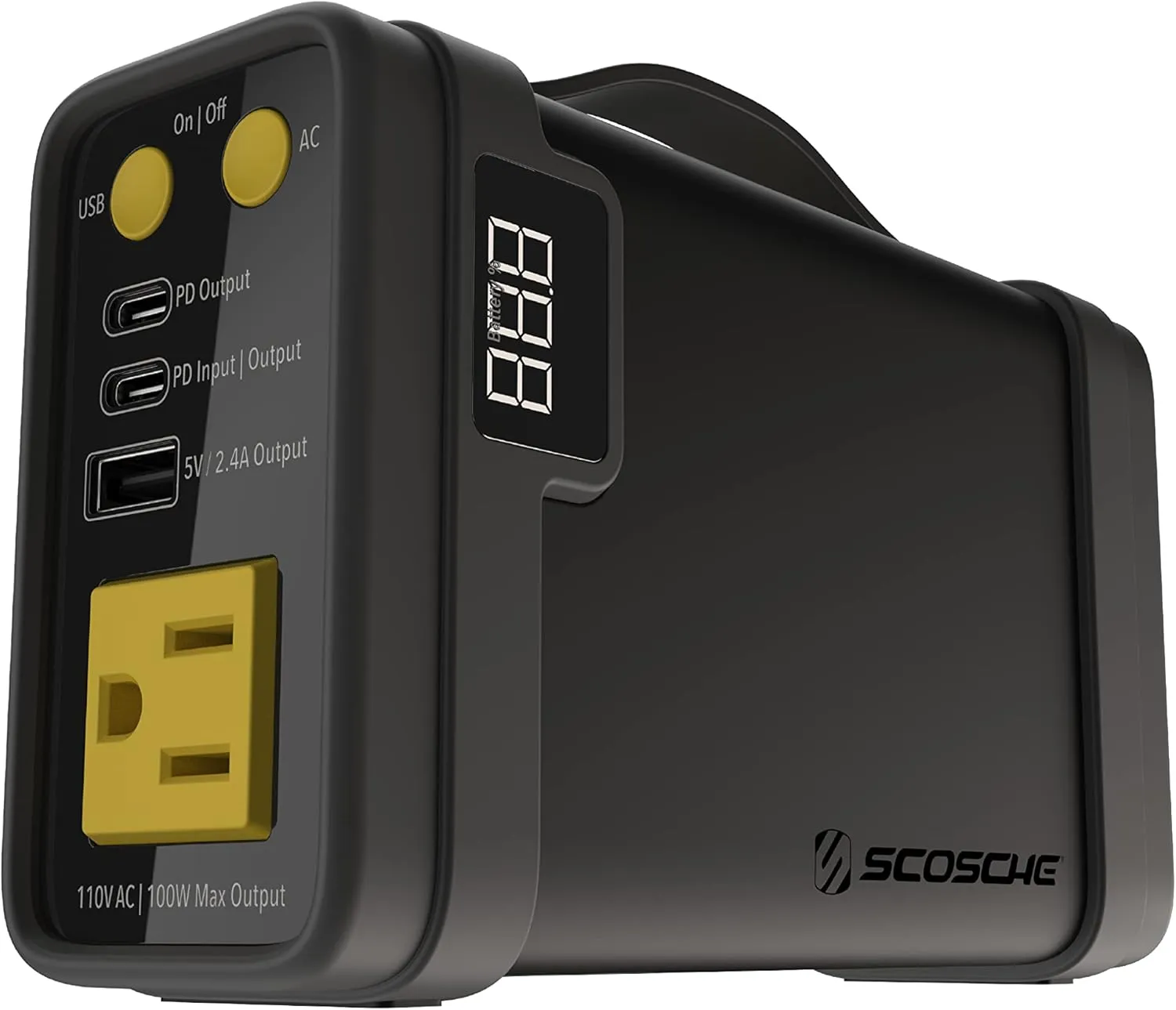 Scosche PBPi-SP 118Wh Lithium-Ion Backup Battery Pack, 32000mAh Power Bank Station, Portable Generator with Dual USB-C Ports, USB-A Port and 100W AC Outlet for Camping, Home, Phone and Laptop Charger