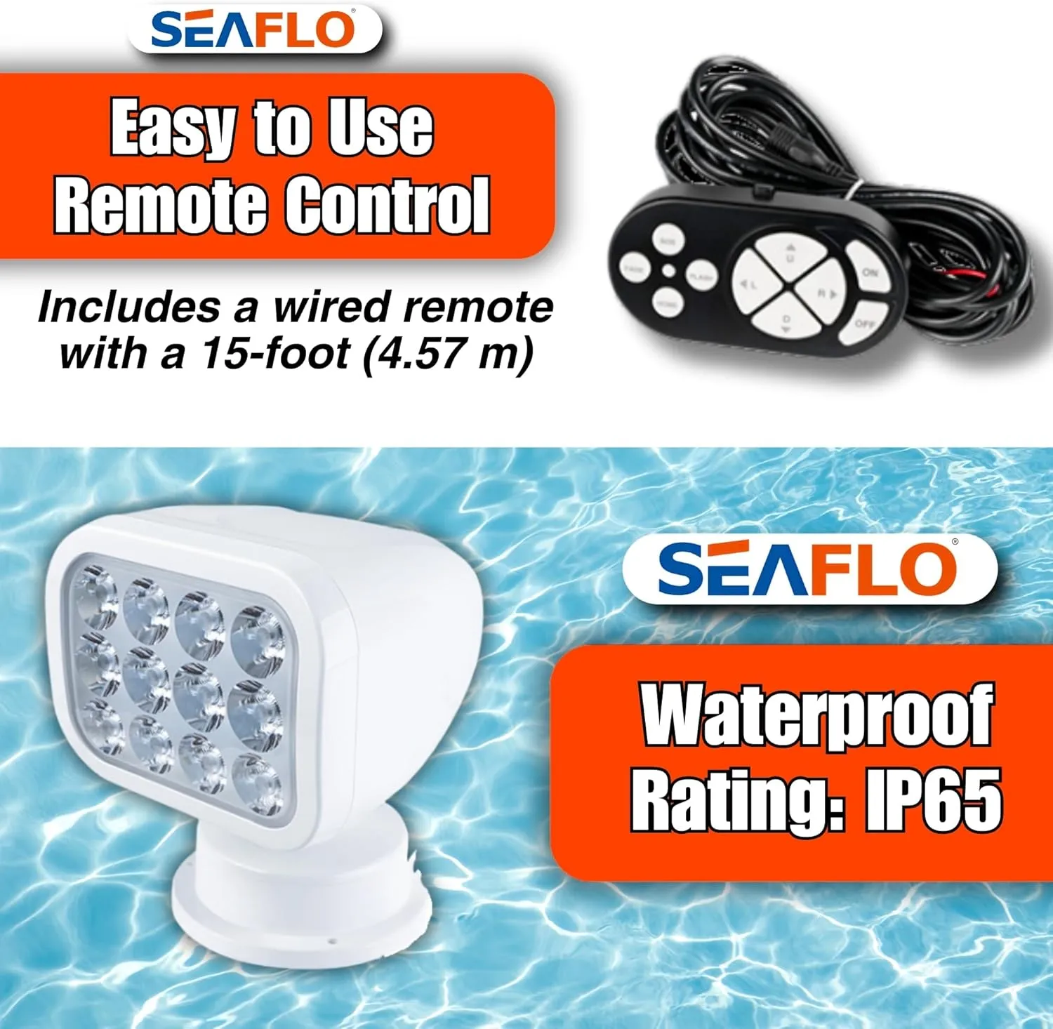 SEAFLO 360° Rotating Remote Control LED Searchlight, 10-30V, Auto-Reset, IP66 Waterproof, Marine Spotlight for Boats, Truck, Vehicles, CE & Rohs Certified (Wired Remote/White/White Light 5500K)