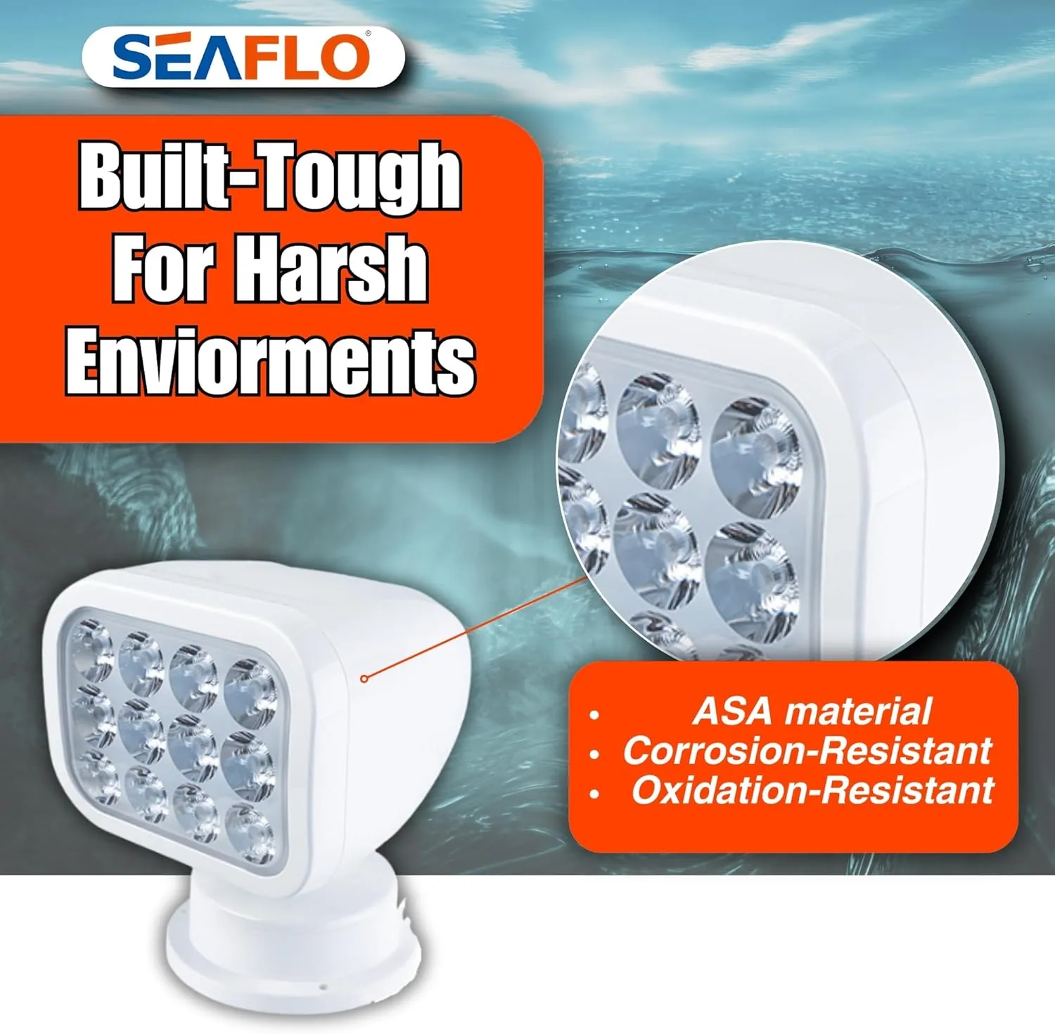 SEAFLO 360° Rotating Remote Control LED Searchlight, 10-30V, Auto-Reset, IP66 Waterproof, Marine Spotlight for Boats, Truck, Vehicles, CE & Rohs Certified (Wired Remote/White/White Light 5500K)