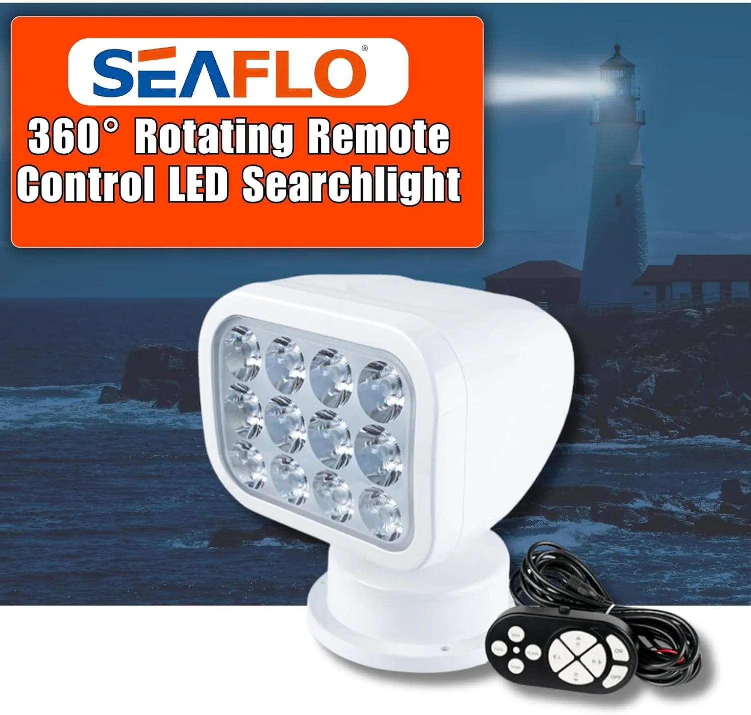 SEAFLO 360° Rotating Remote Control LED Searchlight, 10-30V, Auto-Reset, IP66 Waterproof, Marine Spotlight for Boats, Truck, Vehicles, CE & Rohs Certified (Wired Remote/White/White Light 5500K)