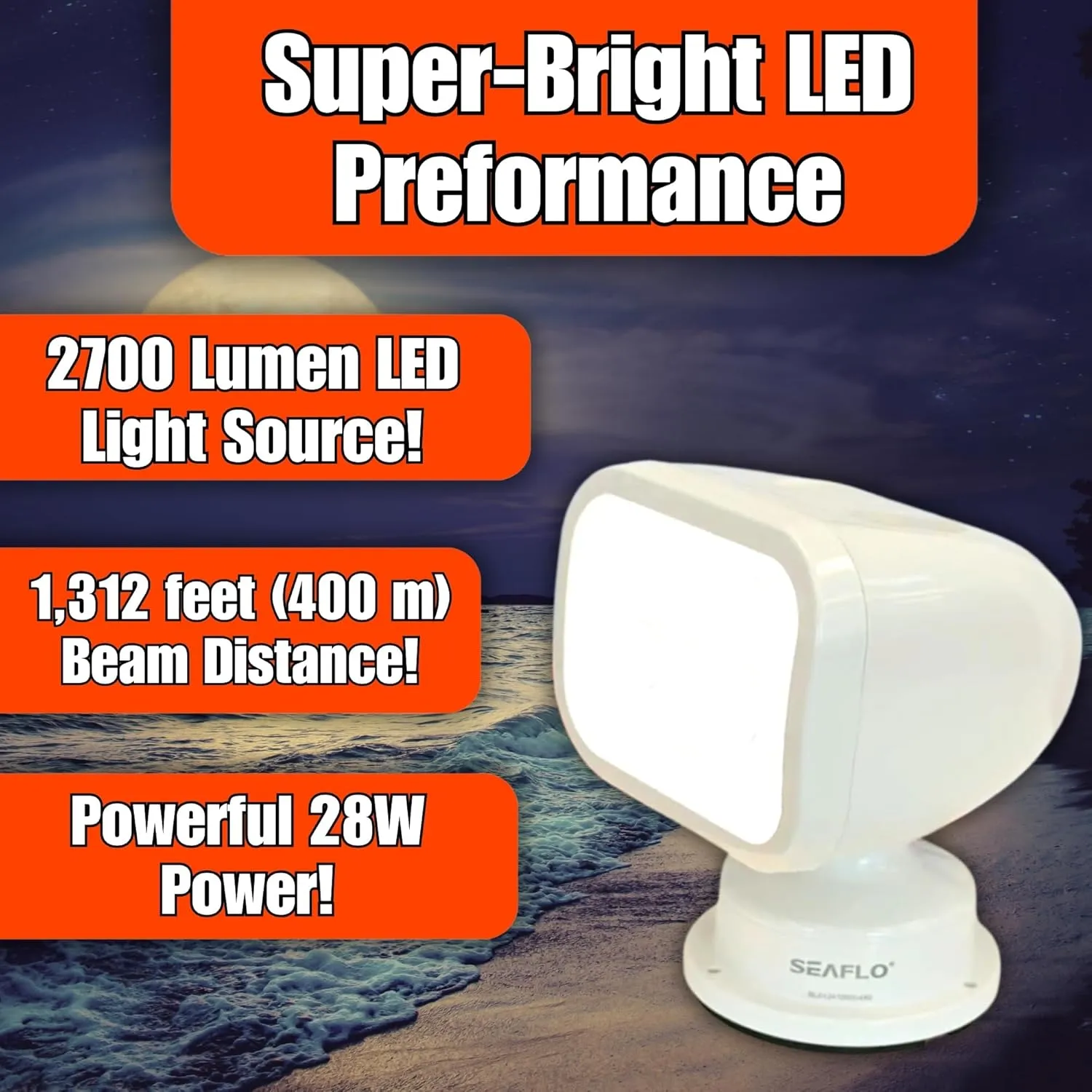SEAFLO 360° Rotating Remote Control LED Searchlight, 10-30V, Auto-Reset, IP66 Waterproof, Marine Spotlight for Boats, Truck, Vehicles, CE & Rohs Certified (Wired Remote/White/White Light 5500K)