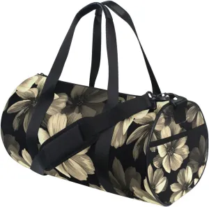 Seamless Mysterious Beautiful Vintage Retro Flowers on Black Duffel Bag, Foldable Canvas Travel Tote for Gym Sports with Inner Pockets, Durable Lightweight Fitness Bag for Overnight Workout