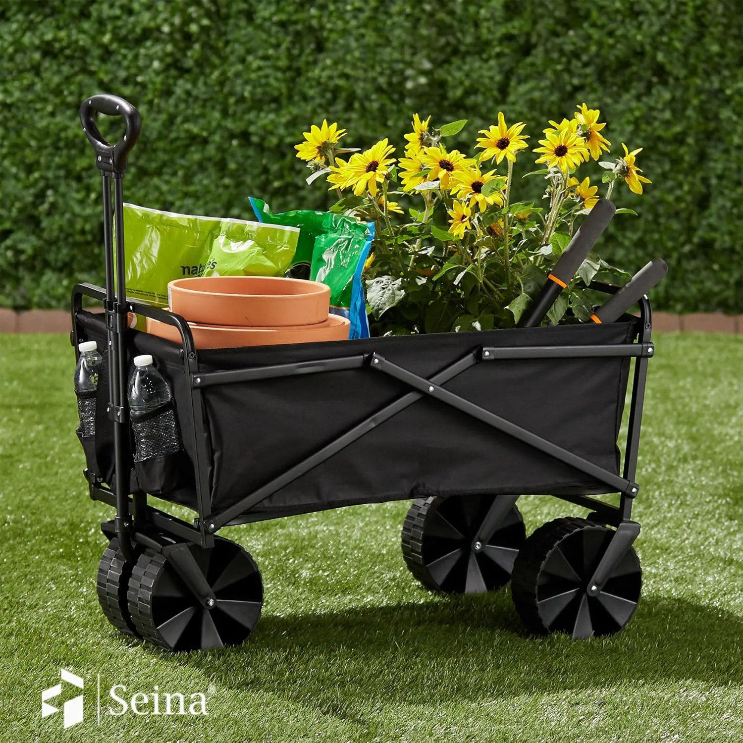 Seina 150 Pound Capacity Heavy Duty Steel Frame Collapsible Folding Outdoor Portable Utility Cart Wagon with All Terrain Plastic Wheels, Black