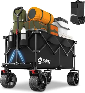 Sekey 330lbs Collapsible Foldable Wagon with Large Capacity, Heavy Duty Folding Utility Garden Cart with Big All-Terrain Beach Wheels & Drink Holders. Black
