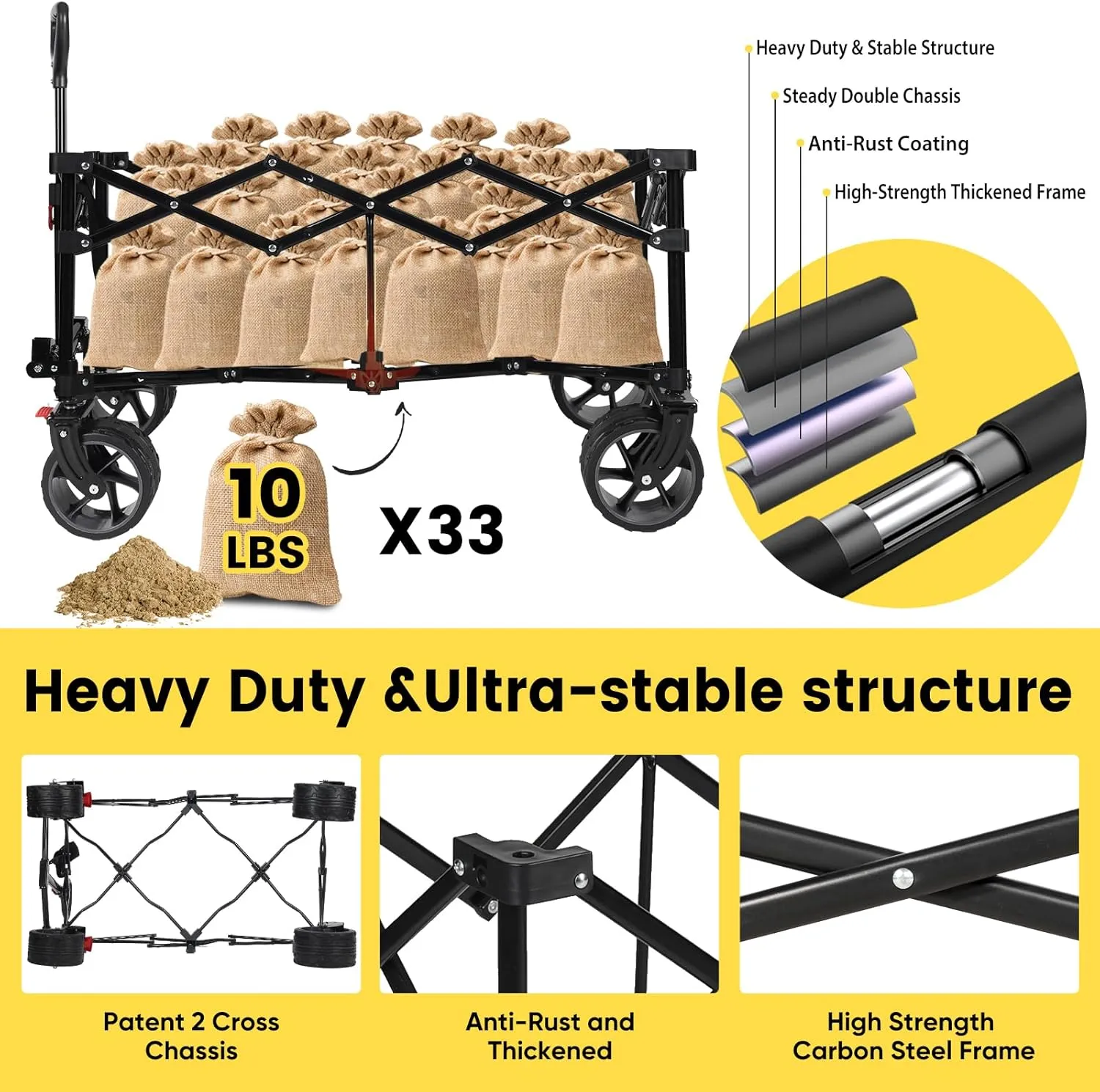 Sekey 330lbs Collapsible Foldable Wagon with Large Capacity, Heavy Duty Folding Utility Garden Cart with Big All-Terrain Beach Wheels & Drink Holders. Black