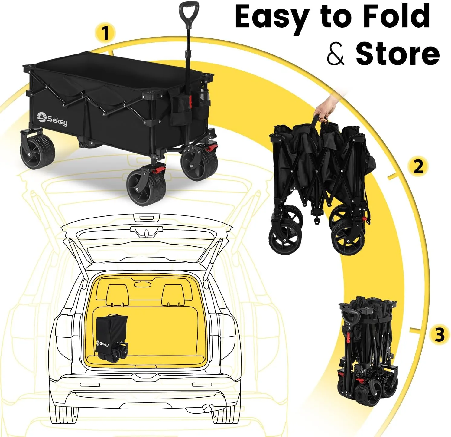 Sekey 330lbs Collapsible Foldable Wagon with Large Capacity, Heavy Duty Folding Utility Garden Cart with Big All-Terrain Beach Wheels & Drink Holders. Black