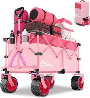 Sekey 330lbs Collapsible Foldable Wagon with Large Capacity, Heavy Duty Folding Utility Garden Cart with Big All-Terrain Beach Wheels & Drink Holders. Pink