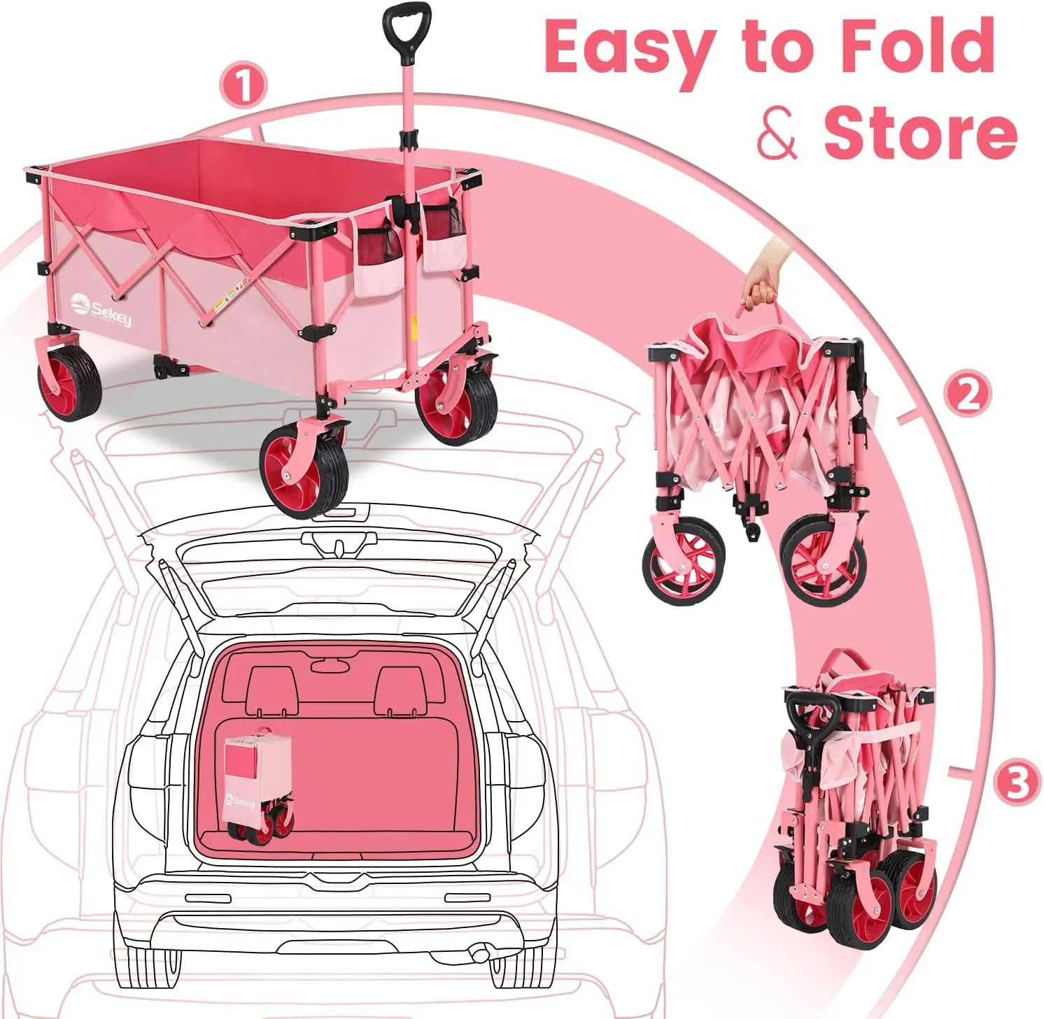 Sekey 330lbs Collapsible Foldable Wagon with Large Capacity, Heavy Duty Folding Utility Garden Cart with Big All-Terrain Beach Wheels & Drink Holders. Pink