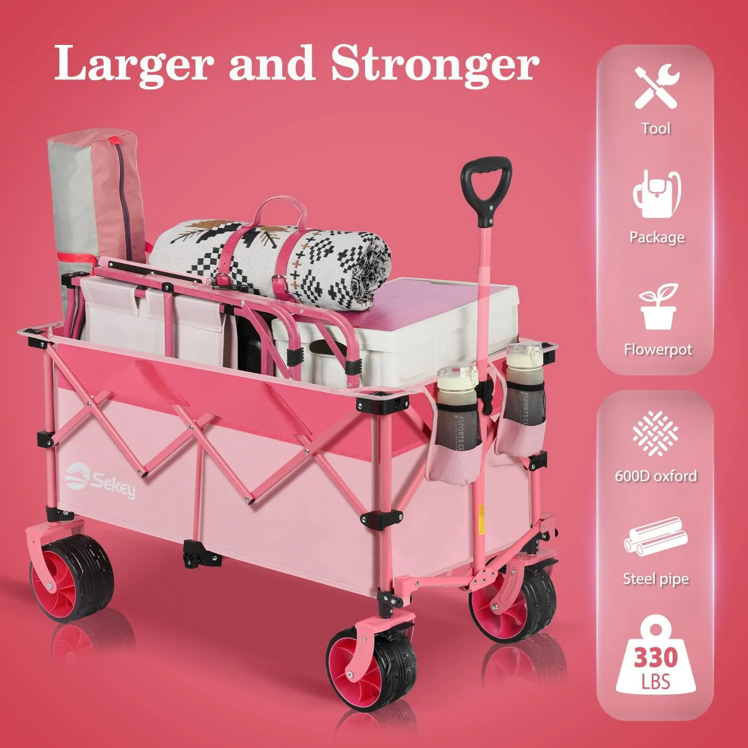 Sekey 330lbs Collapsible Foldable Wagon with Large Capacity, Heavy Duty Folding Utility Garden Cart with Big All-Terrain Beach Wheels & Drink Holders. Pink