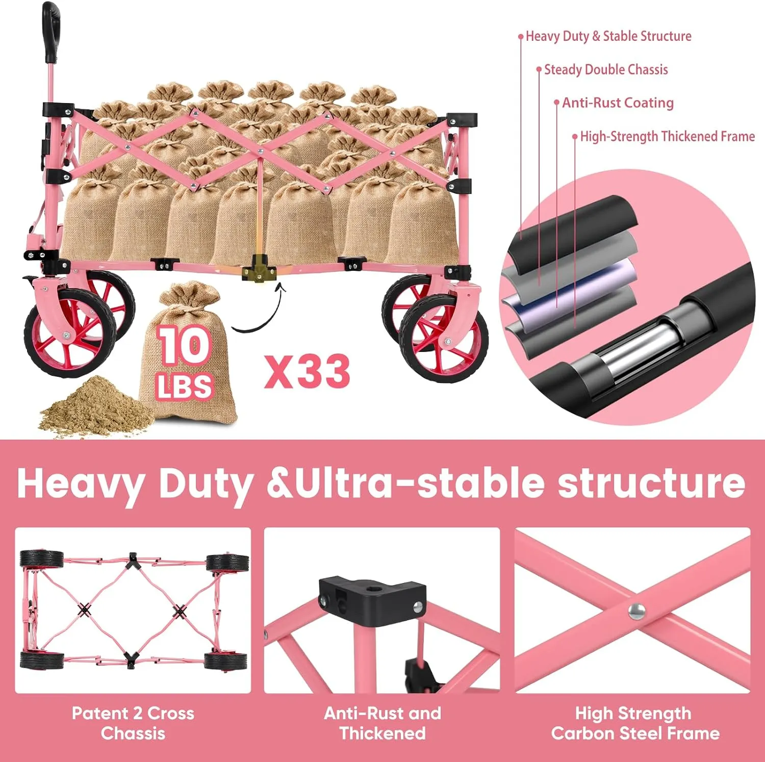 Sekey 330lbs Collapsible Foldable Wagon with Large Capacity, Heavy Duty Folding Utility Garden Cart with Big All-Terrain Beach Wheels & Drink Holders. Pink