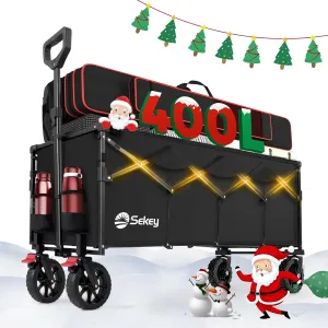 Sekey 43'' Extended Collapsible Wagon 400L Large Capacity, 440LBS Heavy Duty Folding Utility Garden Cart with Big All-Terrain Wheels & Drink Holders for Camping, Sports, Beach.Black