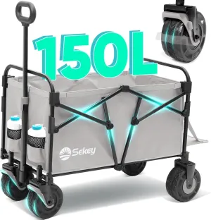 Sekey Wagon Cart with Big All-Terrain Beach Wheels, Collapsible Heavy Duty Extended Wagons with Taligate, Foldable Utility Carts for Camping, Garden, Outdoor, Grocery, Sports. Grey