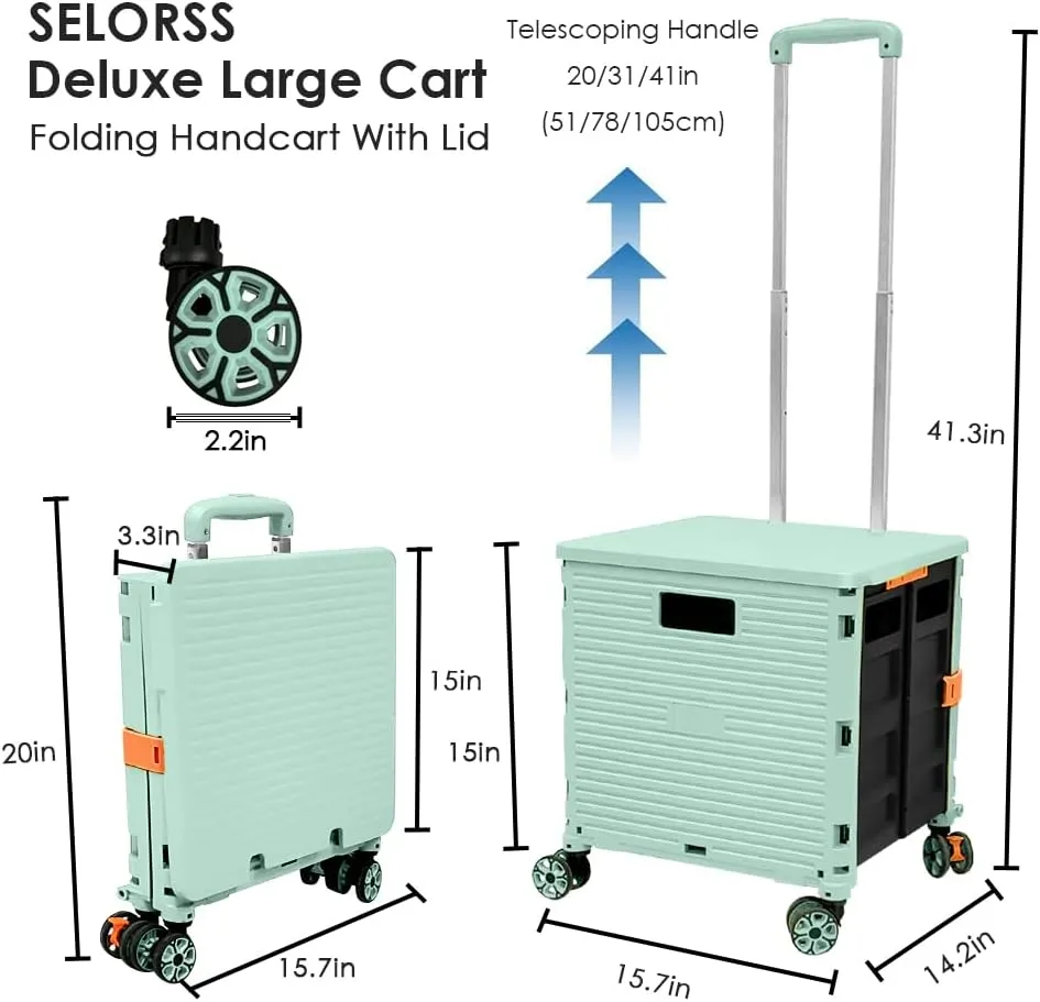 SELORSS Foldable Utility Cart Portable Collapsible Crate Rolling Carts with Wheels Rolling Tote Basket Teacher Cart with Lid Wear-Resistant 360°Rotate Wheel Noiseless for Shopping Storage Office Use