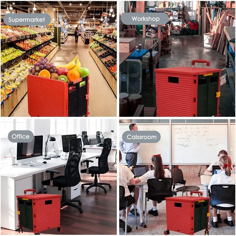 SELORSS Foldable Utility Cart Portable Collapsible Crate Rolling Carts with Wheels Rolling Tote Basket Teacher Cart with Lid Wear-Resistant 360°Rotate Wheel Noiseless for Shopping Storage Office Use