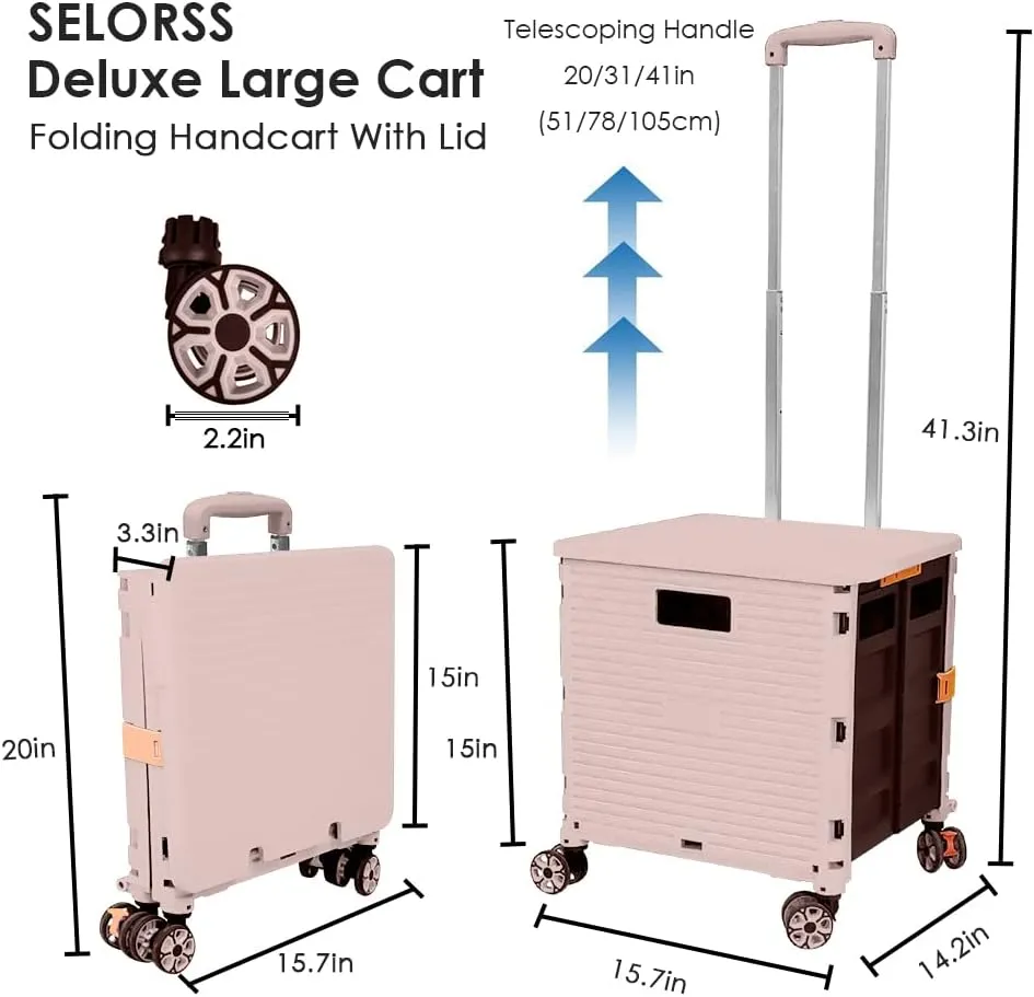 SELORSS Foldable Utility Cart Portable Collapsible Crate Rolling Carts with Wheels Rolling Tote Basket Teacher Cart with Lid Wear-Resistant 360°Rotate Wheel Noiseless for Shopping Storage Office Use