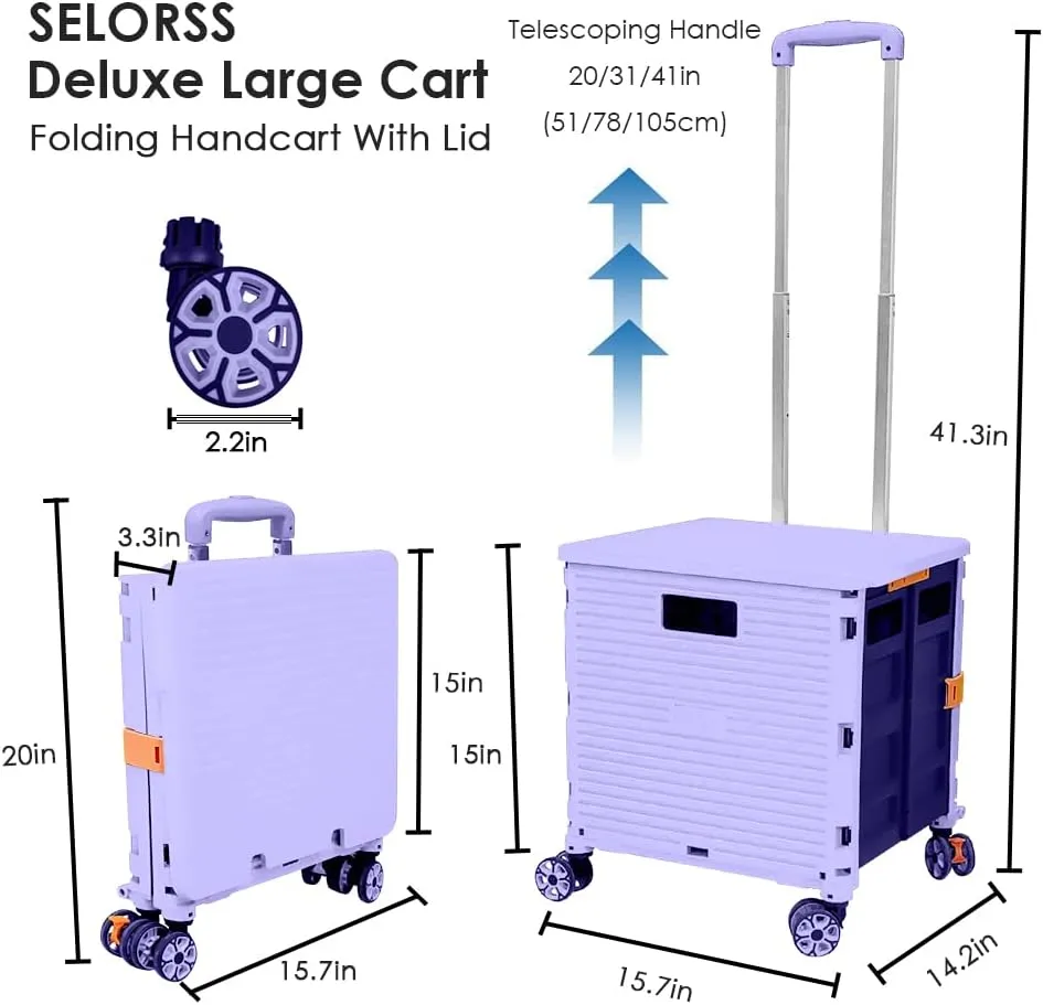 SELORSS Foldable Utility Cart Portable Collapsible Crate Rolling Carts with Wheels Rolling Tote Basket Teacher Cart with Lid Wear-Resistant 360°Rotate Wheel Noiseless for Shopping Storage Office Use