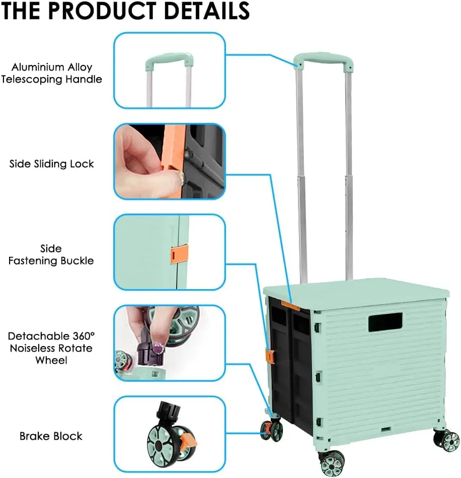 SELORSS Foldable Utility Cart Portable Collapsible Crate Rolling Carts with Wheels Rolling Tote Basket Teacher Cart with Lid Wear-Resistant 360°Rotate Wheel Noiseless for Shopping Storage Office Use