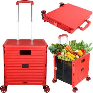 SELORSS Foldable Utility Cart Portable Collapsible Crate Rolling Carts with Wheels Rolling Tote Basket Teacher Cart with Lid Wear-Resistant 360°Rotate Wheel Noiseless for Shopping Storage Office Use