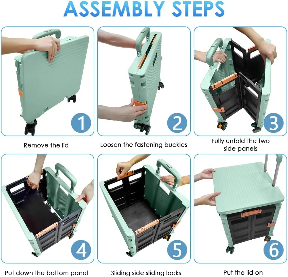 SELORSS Foldable Utility Cart Portable Collapsible Crate Rolling Carts with Wheels Rolling Tote Basket Teacher Cart with Lid Wear-Resistant 360°Rotate Wheel Noiseless for Shopping Storage Office Use