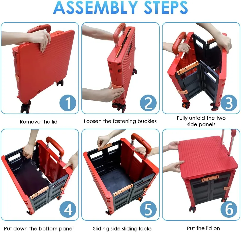 SELORSS Foldable Utility Cart Portable Collapsible Crate Rolling Carts with Wheels Rolling Tote Basket Teacher Cart with Lid Wear-Resistant 360°Rotate Wheel Noiseless for Shopping Storage Office Use